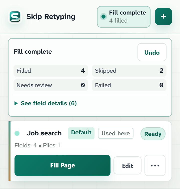 Actual Skip Retyping fill result with field details and Undo